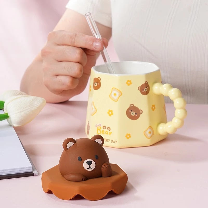 Cute Cartoon Ceramic Cup Mug with Cover and Straw High Color Ceramic Water Cup Household Milk Cup Tea Coffee Cola Cup Set acacuss