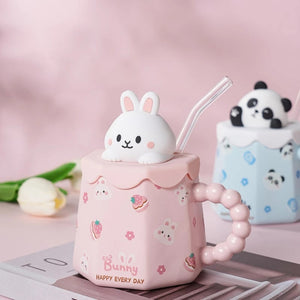 Cute Cartoon Ceramic Cup Mug with Cover and Straw High Color Ceramic Water Cup Household Milk Cup Tea Coffee Cola Cup Set acacuss