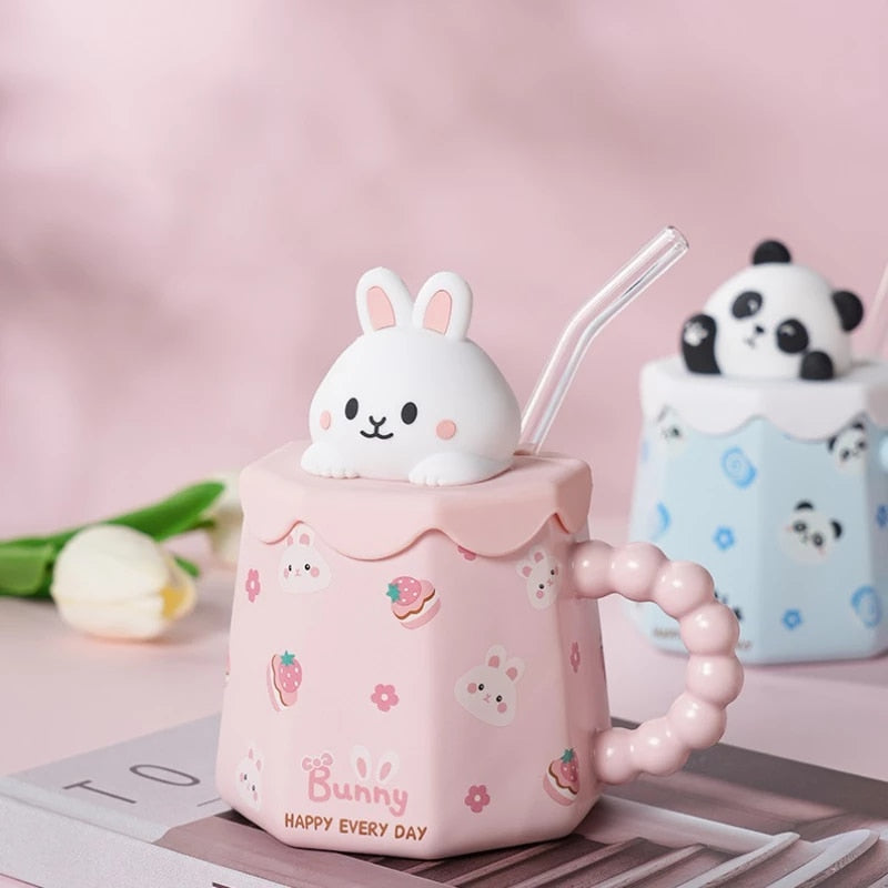 Cute Cartoon Ceramic Cup Mug with Cover and Straw High Color Ceramic Water Cup Household Milk Cup Tea Coffee Cola Cup Set acacuss