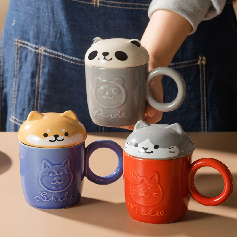 Cute Cartoon Panda Hedgehog Cat Dog Cup With Lid and Ring Handle Ceramic Personalized Animal Mugs For Coffee Tea Milk Funny Gift acacuss
