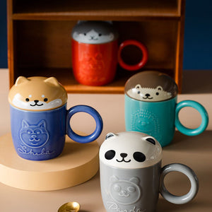 Cute Cartoon Panda Hedgehog Cat Dog Cup With Lid and Ring Handle Ceramic Personalized Animal Mugs For Coffee Tea Milk Funny Gift acacuss