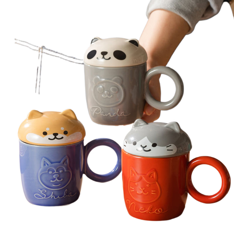 Cute Cartoon Panda Hedgehog Cat Dog Cup With Lid and Ring Handle Ceramic Personalized Animal Mugs For Coffee Tea Milk Funny Gift acacuss