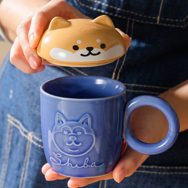 Cute Cartoon Panda Hedgehog Cat Dog Cup With Lid and Ring Handle Ceramic Personalized Animal Mugs For Coffee Tea Milk Funny Gift acacuss