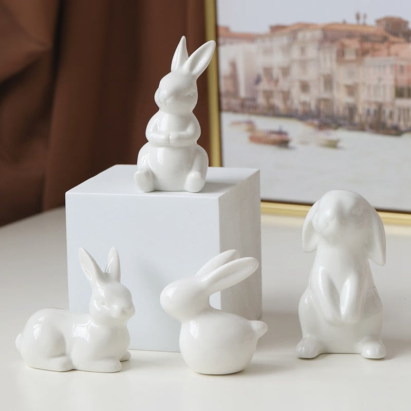 Cute Ceramics Rabbit Figurines Kawaii Hare Bunny Garden House Animal Ornaments Easter Home Room Decoration Hand Painting Embryo acacuss