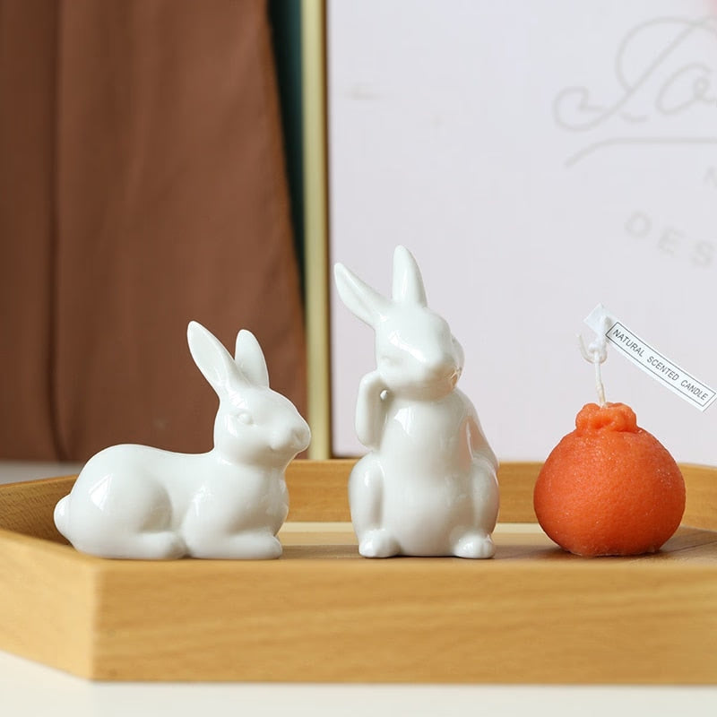 Cute Ceramics Rabbit Figurines Kawaii Hare Bunny Garden House Animal Ornaments Easter Home Room Decoration Hand Painting Embryo acacuss