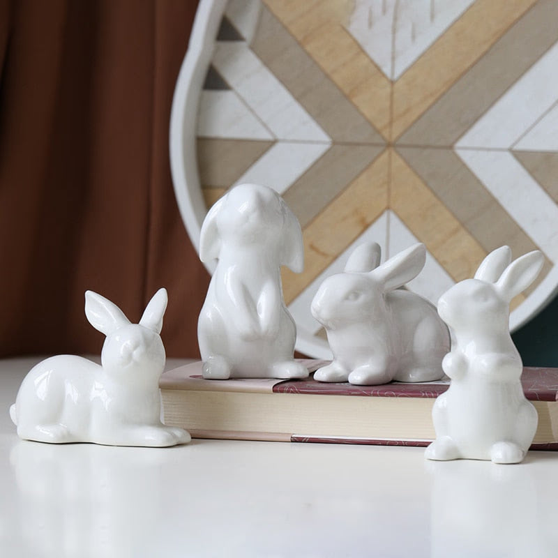 Cute Ceramics Rabbit Figurines Kawaii Hare Bunny Garden House Animal Ornaments Easter Home Room Decoration Hand Painting Embryo acacuss