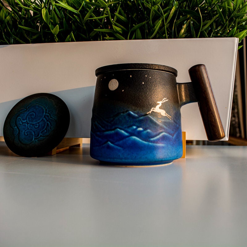 Cute Deer Ceramic Tea Mug with Infuser and Lid Coffee Mug with Strainer and Wooden Handle 430ml Ceramic tea separation cup with lid acacuss