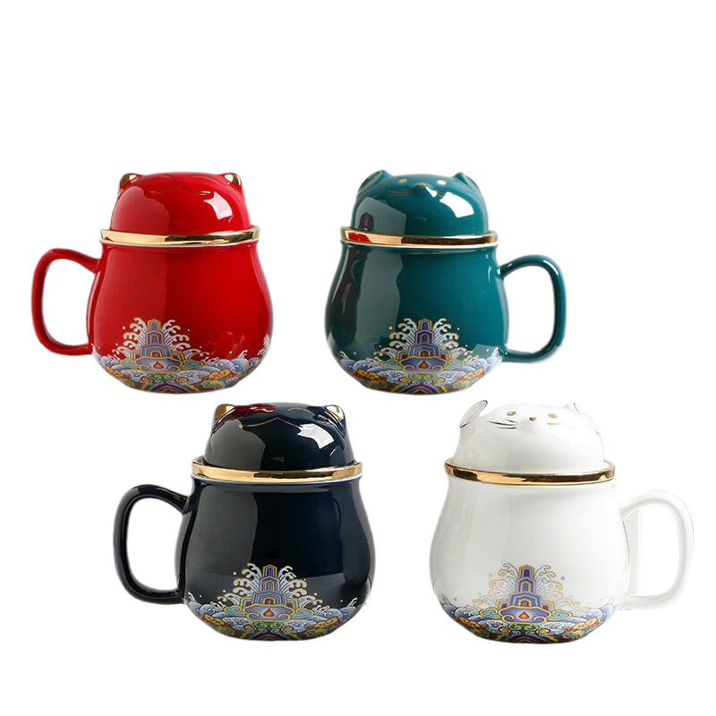 Cute Lucky Cat tea & coffee mug with infuser Forbidden City Cat Cup With Lid Ceramic Female Tea I Coffee Mug Milk Tea Cups Drinkware acacuss
