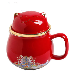 Cute Lucky Cat tea & coffee mug with infuser Forbidden City Cat Cup With Lid Ceramic Female Tea I Coffee Mug Milk Tea Cups Drinkware acacuss