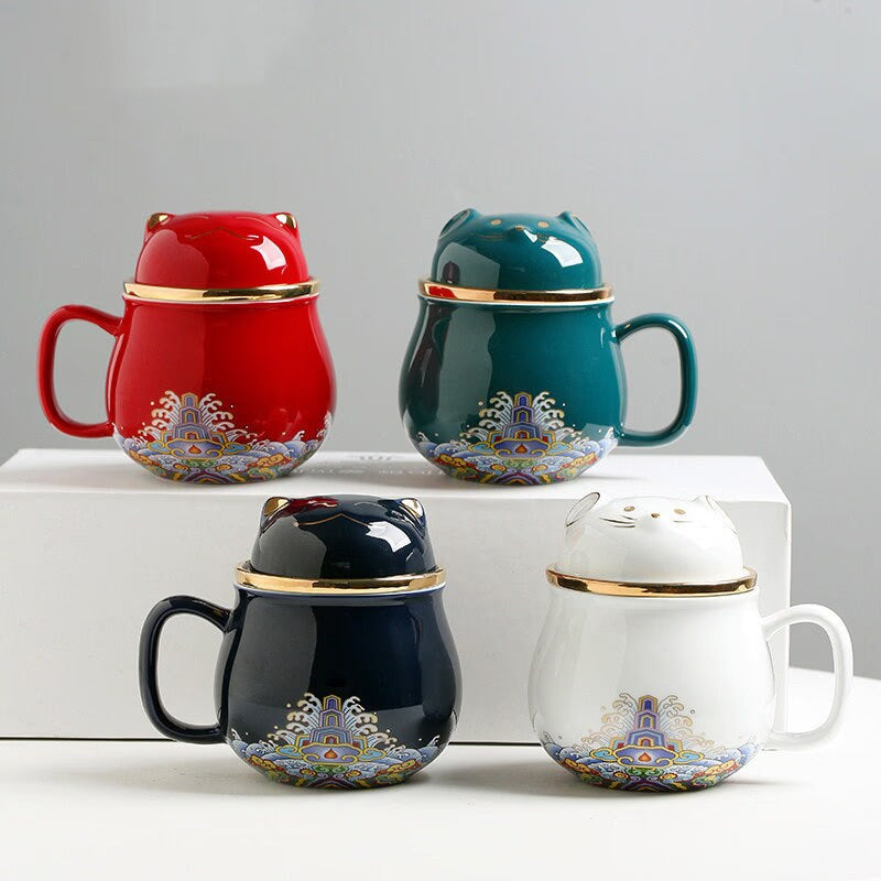 Cute Lucky Cat tea & coffee mug with infuser Forbidden City Cat Cup With Lid Ceramic Female Tea I Coffee Mug Milk Tea Cups Drinkware acacuss