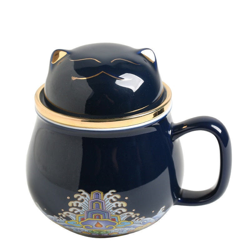 Cute Lucky Cat tea & coffee mug with infuser Forbidden City Cat Cup With Lid Ceramic Female Tea I Coffee Mug Milk Tea Cups Drinkware acacuss