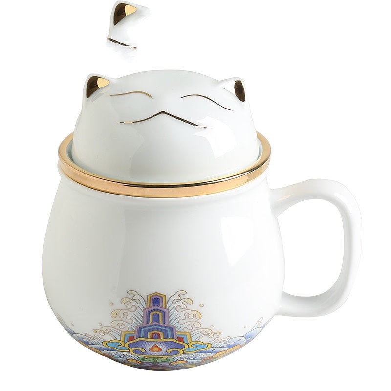 Cute Lucky Cat tea & coffee mug with infuser Forbidden City Cat Cup With Lid Ceramic Female Tea I Coffee Mug Milk Tea Cups Drinkware acacuss