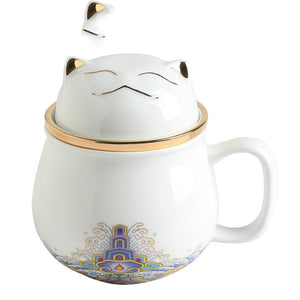 Cute Lucky Cat tea & coffee mug with infuser Forbidden City Cat Cup With Lid Ceramic Female Tea I Coffee Mug Milk Tea Cups Drinkware acacuss