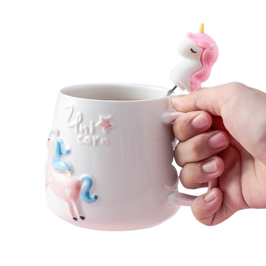Cute Unicorn Coffee Mug with Lid and Spoon for Breakfast Milk Tea Drinking Ceramic Tea Cup Gift for Girls Pink 350ml acacuss