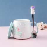 Cute Unicorn Coffee Mug with Lid and Spoon for Breakfast Milk Tea Drinking Ceramic Tea Cup Gift for Girls Pink 350ml acacuss