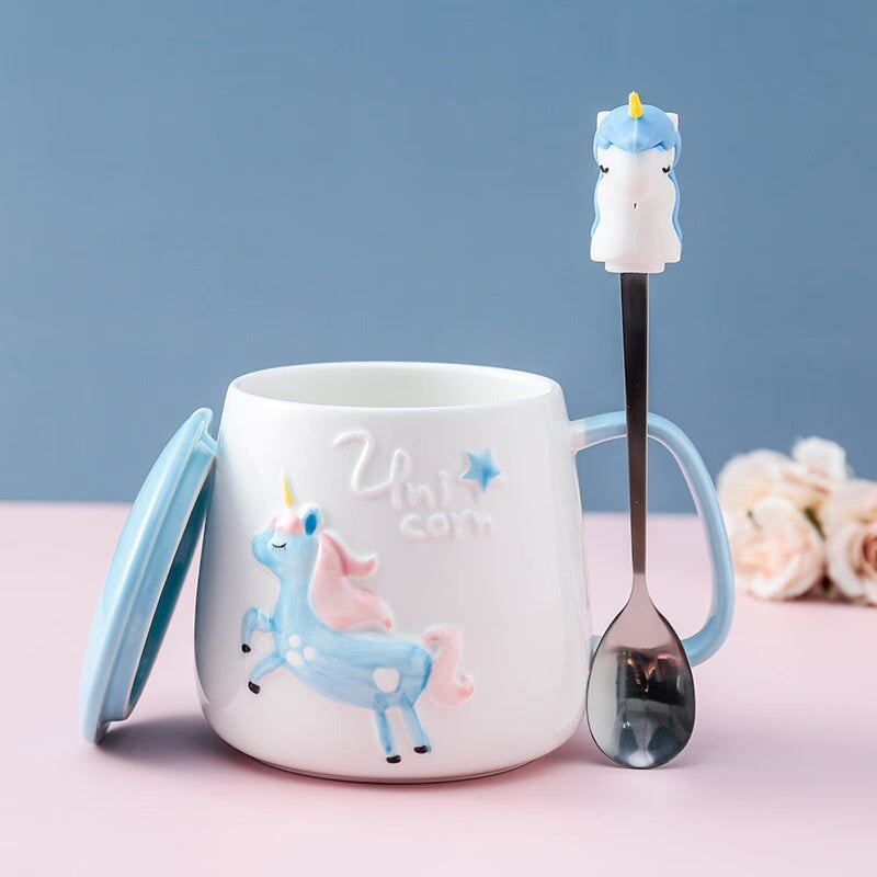 Cute Unicorn Coffee Mug with Lid and Spoon for Breakfast Milk Tea Drinking Ceramic Tea Cup Gift for Girls Pink 350ml acacuss