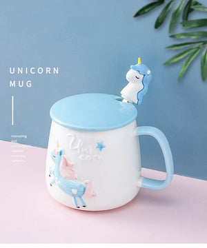 Cute Unicorn Coffee Mug with Lid and Spoon for Breakfast Milk Tea Drinking Ceramic Tea Cup Gift for Girls Pink 350ml acacuss