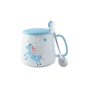 Cute Unicorn Coffee Mug with Lid and Spoon for Breakfast Milk Tea Drinking Ceramic Tea Cup Gift for Girls Pink 350ml acacuss
