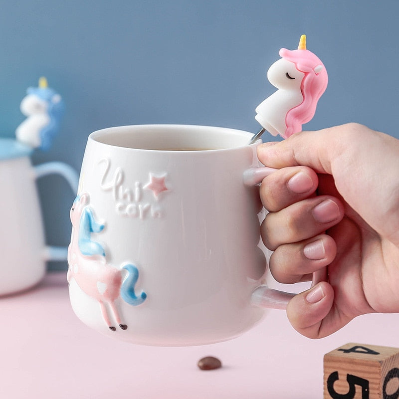 Cute Unicorn Coffee Mug with Lid and Spoon for Breakfast Milk Tea Drinking Ceramic Tea Cup Gift for Girls Pink 350ml acacuss