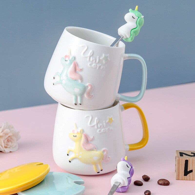 Cute Unicorn Coffee Mug with Lid and Spoon for Breakfast Milk Tea Drinking Ceramic Tea Cup Gift for Girls Pink 350ml acacuss