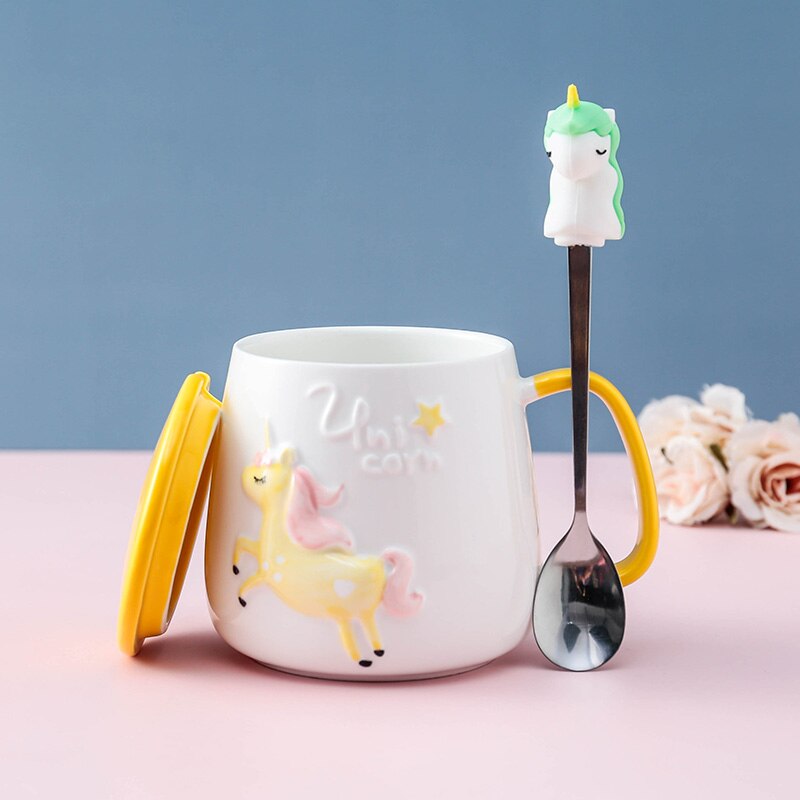 Cute Unicorn Coffee Mug with Lid and Spoon for Breakfast Milk Tea Drinking Ceramic Tea Cup Gift for Girls Pink 350ml acacuss