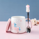 Cute Unicorn Coffee Mug with Lid and Spoon for Breakfast Milk Tea Drinking Ceramic Tea Cup Gift for Girls Pink 350ml acacuss