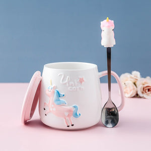 Cute Unicorn Coffee Mug with Lid and Spoon for Breakfast Milk Tea Drinking Ceramic Tea Cup Gift for Girls Pink 350ml acacuss