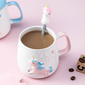 Cute Unicorn Coffee Mug with Lid and Spoon for Breakfast Milk Tea Drinking Ceramic Tea Cup Gift for Girls Pink 350ml acacuss