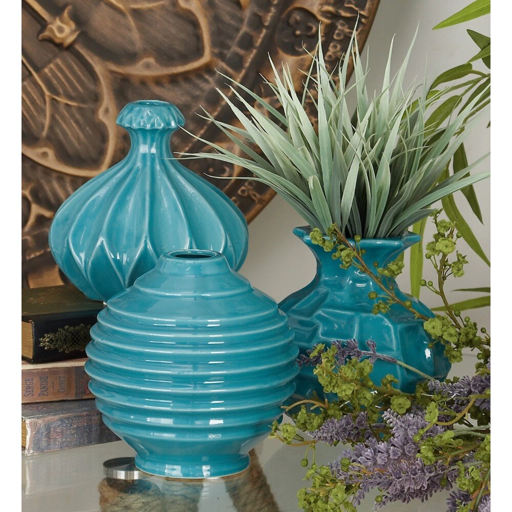 DecMode 6"W, 6"H Blue Ceramic Vase with Varying Patterns, Set of 3 acacuss