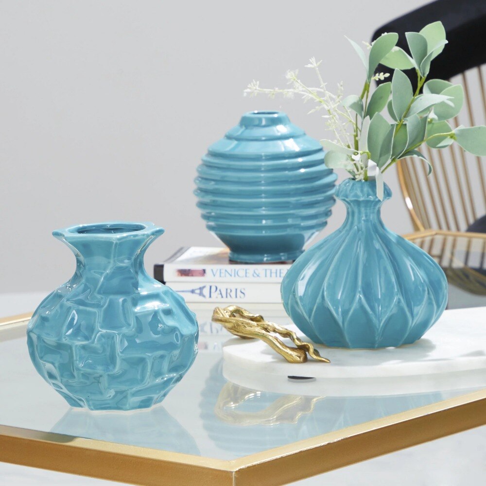 DecMode 6"W, 6"H Blue Ceramic Vase with Varying Patterns, Set of 3 acacuss