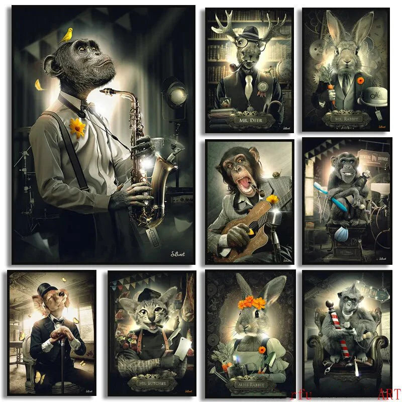 Deer Rabbit Gorilla jazz monkey Cat smoking Canvas painting Animal Posters and Prints Modern Wall Art Picture for Bathroom Decor acacuss