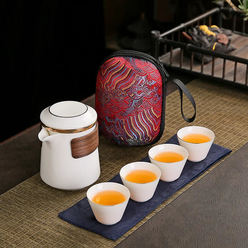 Dehua White Porcelain Travel Kung Fu Tea Set Carrying Bag Bowl Anti-scald Four 1 pot 4 Cup Gift Teacup Tea Set White Porcelain acacuss