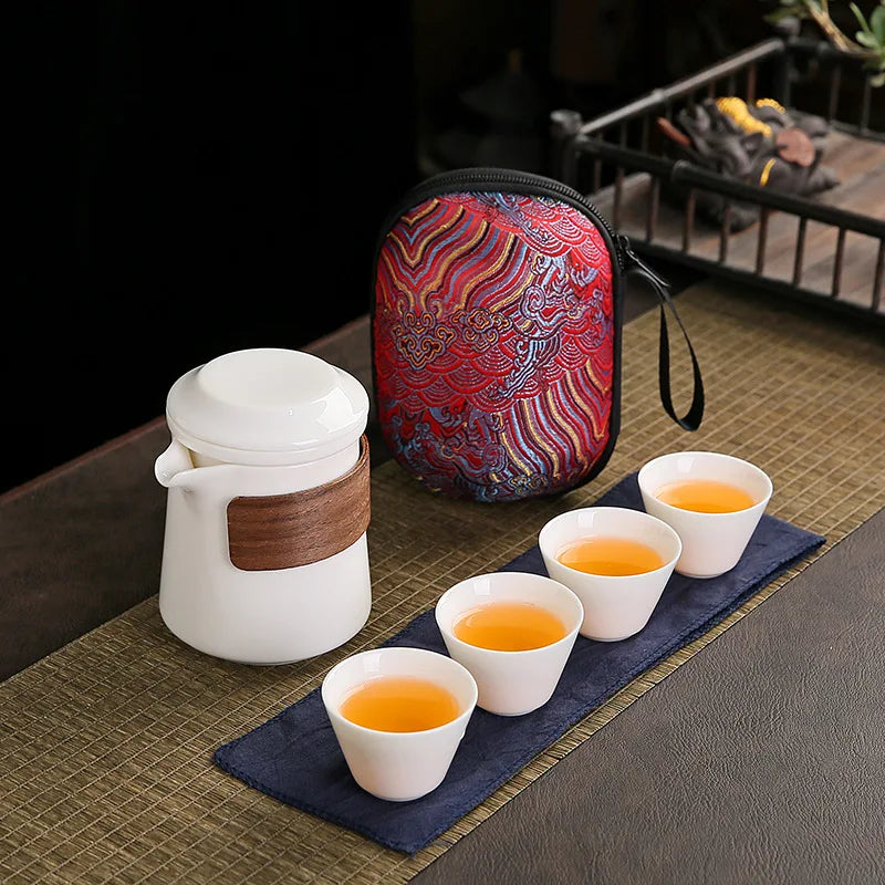 Dehua White Porcelain Travel Kung Fu Tea Set Carrying Bag Bowl Anti-scald Four 1 pot 4 Cup Gift Teacup Tea Set White Porcelain acacuss