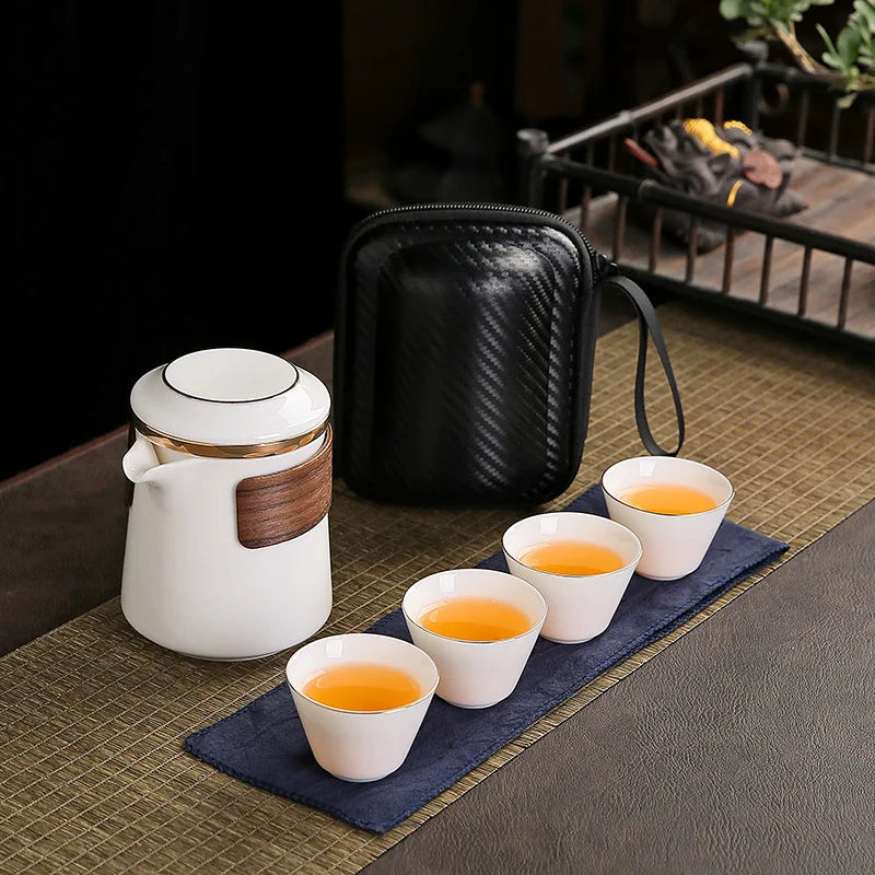 Dehua White Porcelain Travel Kung Fu Tea Set Carrying Bag Bowl Anti-scald Four 1 pot 4 Cup Gift Teacup Tea Set White Porcelain acacuss