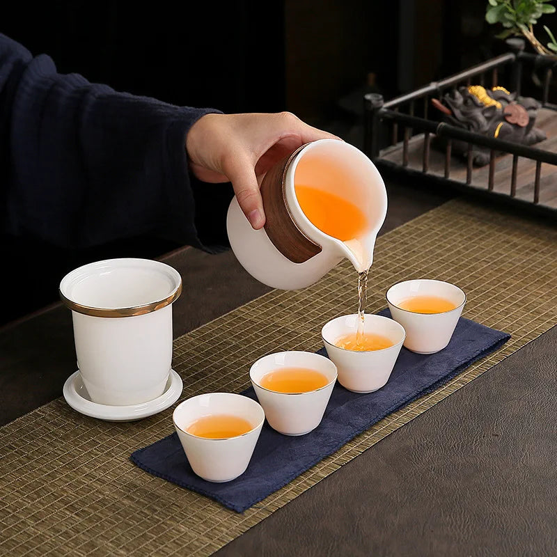 Dehua White Porcelain Travel Kung Fu Tea Set Carrying Bag Bowl Anti-scald Four 1 pot 4 Cup Gift Teacup Tea Set White Porcelain acacuss