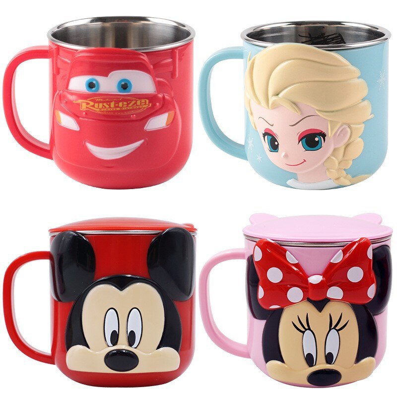 Disney Cups Frozen Elsa Anna Princess Cartoon Milk Cup Mugs 3D Mickey Minnie Stainless Steel Cup Baby Kids Girls Coffee Mug acacuss