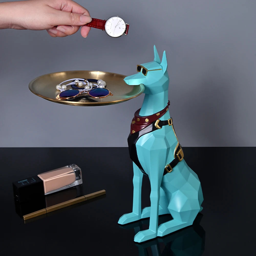 Doberman Pinscher Resin Dog Sculpture Butler with Metal Tray Craft Ornament Decor Art Animal Figurines Decorative Home Decor acacuss