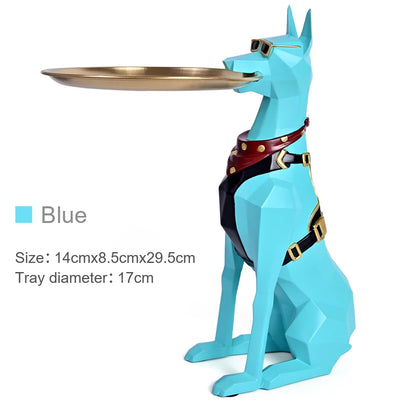 Doberman Pinscher Resin Dog Sculpture Butler with Metal Tray Craft Ornament Decor Art Animal Figurines Decorative Home Decor acacuss