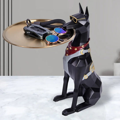 Doberman Pinscher Resin Dog Sculpture Butler with Metal Tray Craft Ornament Decor Art Animal Figurines Decorative Home Decor acacuss