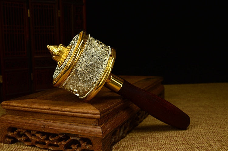 Double bearing alloy wooden handle hand prayer wheel  Tantric Buddhist supplies / instruments acacuss