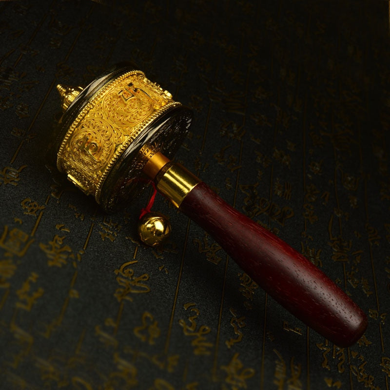 Double bearing alloy wooden handle hand prayer wheel  Tantric Buddhist supplies / instruments acacuss