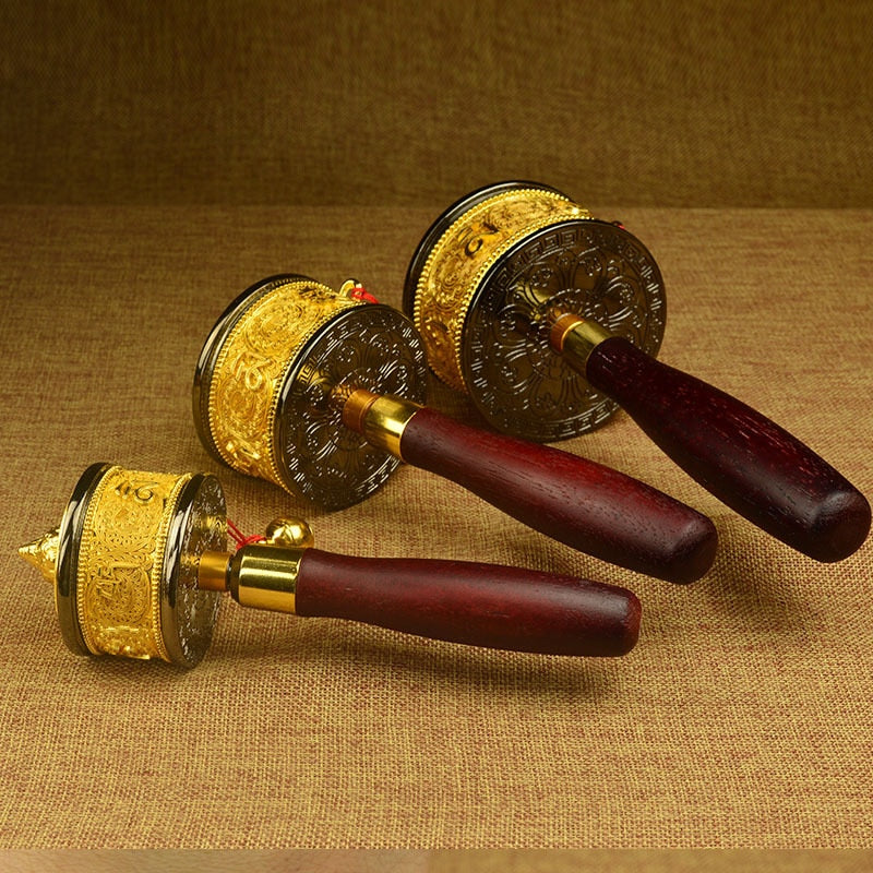 Double bearing alloy wooden handle hand prayer wheel  Tantric Buddhist supplies / instruments acacuss