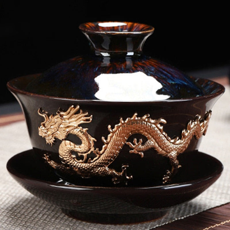 Dragon Silver Inlaid Tea Tureen Hand Made Household Tea Drinkware Bowl  Kiln Change With Gold Dragon Gaiwan acacuss