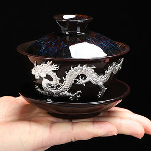 Dragon Silver Inlaid Tea Tureen Hand Made Household Tea Drinkware Bowl  Kiln Change With Gold Dragon Gaiwan acacuss