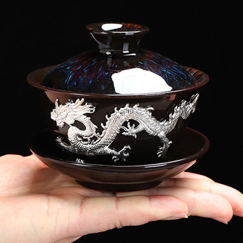 Dragon Silver Inlaid Tea Tureen Hand Made Household Tea Drinkware Bowl  Kiln Change With Gold Dragon Gaiwan acacuss