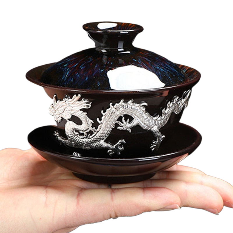 Dragon Silver Inlaid Tea Tureen Hand Made Household Tea Drinkware Bowl  Kiln Change With Gold Dragon Gaiwan acacuss