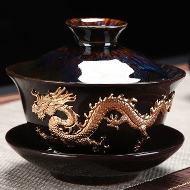 Dragon Silver Inlaid Tea Tureen Hand Made Household Tea Drinkware Bowl  Kiln Change With Gold Dragon Gaiwan acacuss