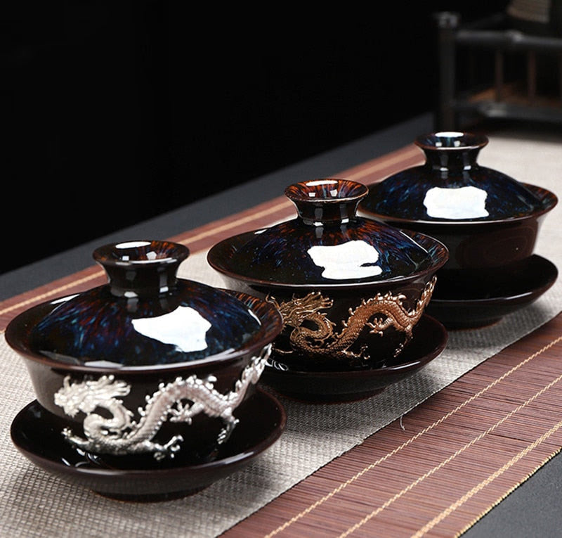 Dragon Silver Inlaid Tea Tureen Hand Made Household Tea Drinkware Bowl  Kiln Change With Gold Dragon Gaiwan acacuss