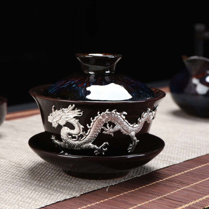 Dragon Silver Inlaid Tea Tureen Hand Made Household Tea Drinkware Bowl  Kiln Change With Gold Dragon Gaiwan acacuss