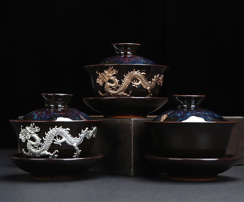 Dragon Silver Inlaid Tea Tureen Hand Made Household Tea Drinkware Bowl  Kiln Change With Gold Dragon Gaiwan acacuss